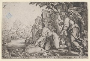 Tobiolus fängt den Fisch, aus der Geschichte von Tobias von Georg Pencz
