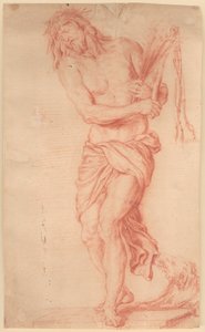 Ecce Homo. Stehender, leidender Christus mit Ruten und Knotenpeitsche sowie Dornenkrone auf dem Kopf