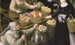 Eine Allegorie des Herbstes: ein Obst- und Gemüsestand über dem Weinmarkt in Frankfurt am Main