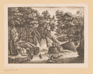 Wasserfall im Wald mit zwei Fischern im Vordergrund