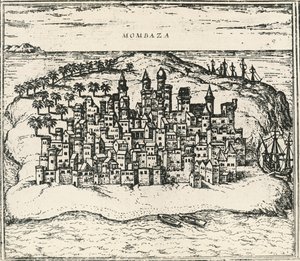 Stadt Mombasa in Kenia, Gravur aus Civitates Orbis Terrarum von Georg Braun and Hogenberg Franz