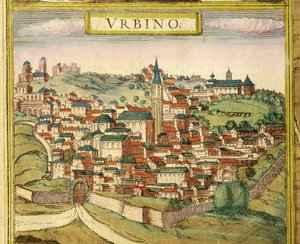 Ansicht von Urbino, Farbstich aus Civitates Orbis Terrarum
