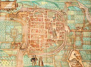 Karte von Tridentum, heute Trient, kolorierter Stich aus Civitates Orbis Terrarum, Italien
