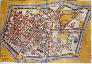 Plan von Lucca im Jahr 1585. Atlas von Braun & Hogenberg