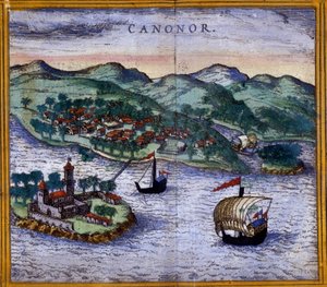 Ansicht von Canonor (oder Cannanore) in Indien aus einer Ausgabe von „Civitates Orbis Terrarum“ von Braun und Hogenberg von Georg Braun and Hogenberg Franz
