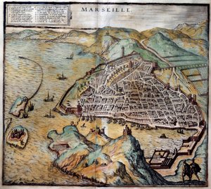 Ansicht der Stadt Marseille mit Straßenkarte. Gravur aus dem Atlas von Braun und Hogenberg 1572 Marseille, Musée de la Marine von Georg Braun and Hogenberg Franz