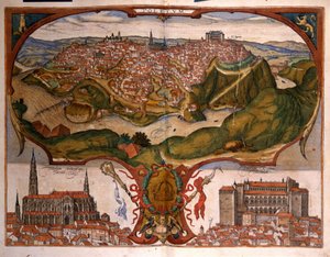 Ansicht der Stadt Toledo im 16. Jahrhundert. Gravur von George Braun in „Civitatis Orbis Terrarum“ Band I, geschrieben von Franz Hogenberg von Georg Braun and Hogenberg Franz