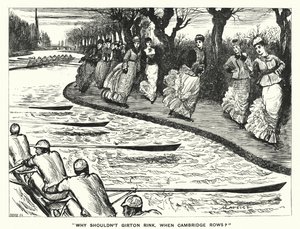 Punch-Karikatur: Warum sollte Girton nicht Schlittschuh laufen, wenn Cambridge rudert? (Stich) von George (after) Du Maurier
