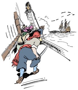 Ein Piratenschiff verfolgt ein Schiff Illustration aus „Das Buch der Jungen über Piraten und die großen Seeräuber“ von George Albert Williams (1875-1932) 1900 von George Alfred Williams