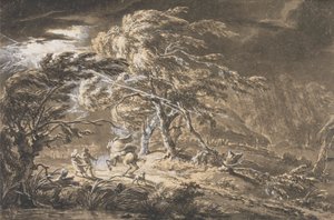 Der Blitzschlag, Reisende in einem Gewitter auf einer Waldstraße
