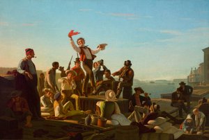 Fröhliche Flachbootfahrer im Hafen von George Caleb Bingham
