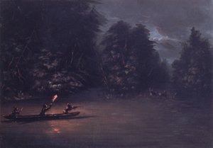Hirschjagd bei Fackellicht in Rindenkanus, 1846-1848