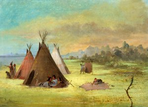 Indianerlager, Comanche (oder Kiowa) beim Häuten, Red River von George Catlin