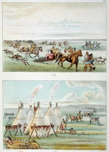 Indianer Amerikas: (oben) Stamm zieht mit Fellen zum Verkauf. (unten) Stamm von 500 bis 600 Tipis. Illustration von George Catlin