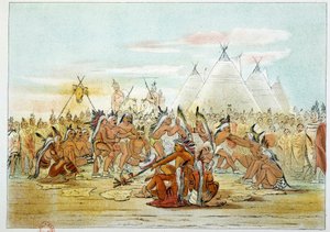 Assiniboin-Stamm, der den Pfeifentanz tanzt. Illustration von George Catlin