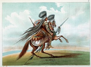 Indianer Miniatarees jagen wilde Pferde am Fuße der Rockies. Illustration von George Catlin