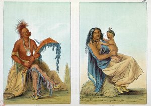 Indianer Amerikas: Porträt eines Anführers der Osage namens Clermont mit seiner Frau und seinem Sohn. Illustration von George Catlin (1794-1872) von George Catlin