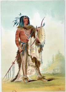 Indianer Amerikas: Porträt eines Indianerhäuptlings, der Arzt wurde, hält ein Tam-Tam mit Heilmitteln. Illustration von George Catlin von George Catlin