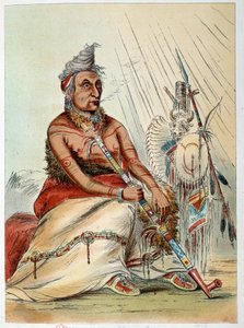 Indianer Amerikas: Porträt eines alten Indianerhäuptlings, der seine Pfeife raucht, genannt Der Schwarze Mokassin. Illustration von George Catlin (1794-1872) von George Catlin