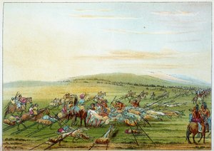 Indianer Amerikas: Stamm der Indianer mit Pferden und Hunden. Illustration von George Catlin