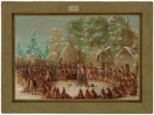 La Salles Gruppe wird im Illinois-Dorf bewirtet. 2. Januar 1680 von George Catlin