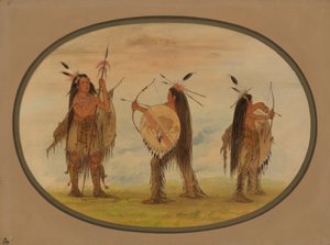 Drei Mandan-Krieger bewaffnet für den Krieg, 1861-1869