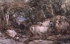 Waldtal mit Reisenden, die sich einem Hinterhalt nähern von George Cattermole