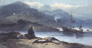 Ein chinesischer Fluss mit einer Figur am Ufer