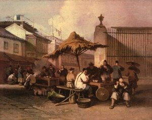 Eine Gruppe Chinesen isst vor der Kirche von San Domingo