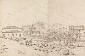 Gebäude an einem Berghang in einem bergigen Dorf (China?) von George Chinnery