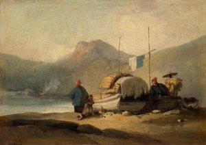 Chinesische Szene, Boote am See von George Chinnery