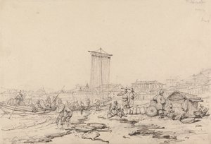 Küstenszene mit Fischern und Gebäuden, Macao von George Chinnery