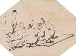 Gruppe von sieben Männern beim Glücksspiel