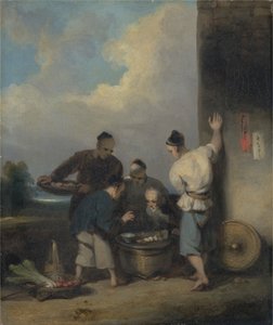 Männer um den Stand des Lebensmittelverkäufers von George Chinnery