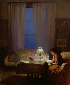 Lesen bei Lampenlicht (Dämmerung: Innenansicht)