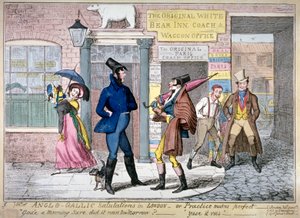 Anglo-gallische Begrüßungen in London, oder, Übung macht den Meister, 1822 von George Cruikshank