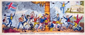 Britischer Mut und amerikanisches Prahlen oder, Shannon gegen Chesapeake, veröffentlicht 1813 von George Cruikshank