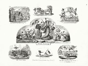 Karikaturen von George Cruikshank zum Thema übergroße Damenhüte von George Cruikshank