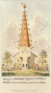 Entwurf für einen Ritualisten-Hochkirchenturm und -Spitze, gewidmet Dr. Pusey und dem Vikar von Bray, 1868 von George Cruikshank