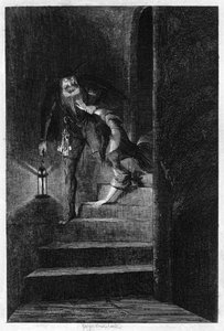 Lawrence Nightgall zieht Cicely die geheimen Treppen im Salt Tower hinunter, 1840 von George Cruikshank