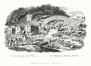 London zieht aus der Stadt, oder der Marsch der Ziegel und Mörtel (Gravur) von George Cruikshank