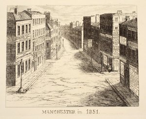 Manchester im Jahr 1851, aus 1851 oder Die Abenteuer von Herrn und Frau Sandboys und Familie, die nach London kamen, um sich zu amüsieren und die Große Ausstellung zu sehen, veröffentlicht 1851 von George Cruikshank