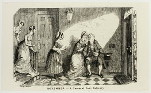 November - Eine allgemeine Postzustellung im Gegensatz zu George Cruikshanks Stahlradierungen für Die Comic Almanacks: 1835-1853 von George Cruikshank