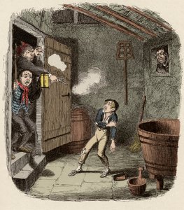 Oliver überrascht und verwundet beim Einbruchsversuch - Der Einbruch - Illustration für „Oliver Twist“ (Olivier) (Die Abenteuer von Oliver Twist) von Charles Dickens (1812-1870), von George Cruikshank (1792-1878) von George Cruikshank
