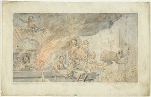 Menschen fliehen aus einem brennenden Gebäude von George Cruikshank
