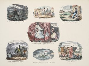 Serie von Illustrationen zu den Vorteilen und Nachteilen des Besitzes eines Holzbeins, veröffentlicht 1828
