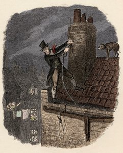 Sikes, gefolgt von seinem Hund, versucht zu entkommen - Illustration für „Oliver Twist“ von Charles Dickens (1812-1870) von George Cruikshank