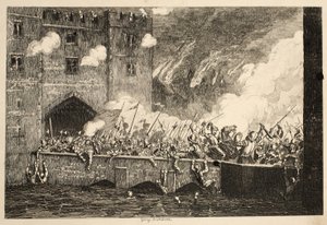 Sir Thomas Wyat greift den By Ward Tower an, aus Der Tower von London, veröffentlicht 1840 von George Cruikshank