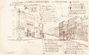 Straßenperspektive mit beschrifteten Geschäftshäusern von George Cruikshank