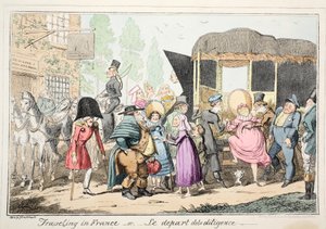 Reisen in Frankreich oder Le Depart de la Diligence, veröffentlicht 1835 (handkolorierte Radierung) von George Cruikshank